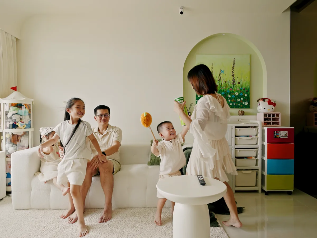 A family with young children in their completed home