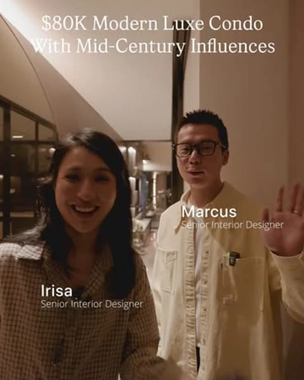 Reel thumbnail: two senior interior designers touring a modern luxe condo renovation