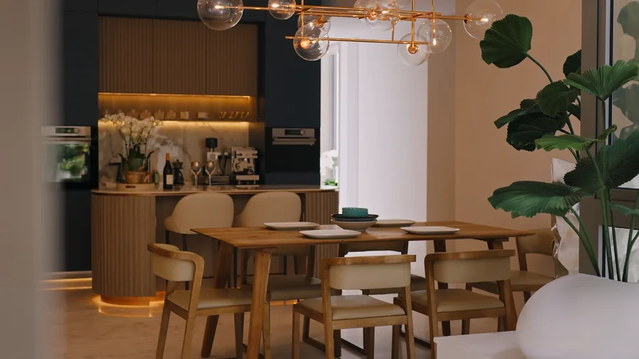 Dining area with dark cabinetry and pendant lighting