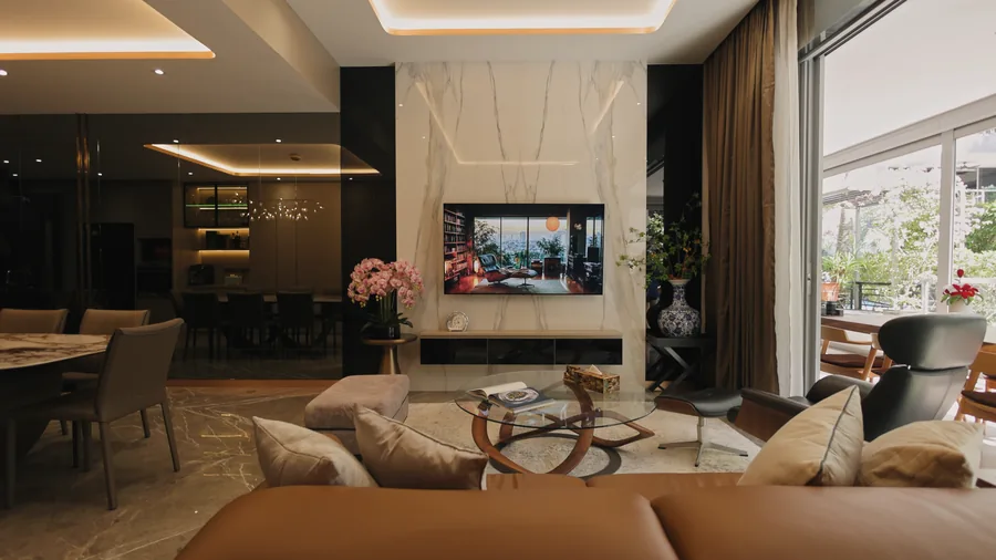 Open-plan living and dining in a completed home