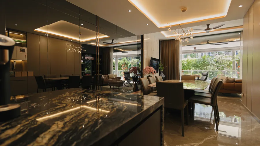 Kitchen island and dining area at dusk