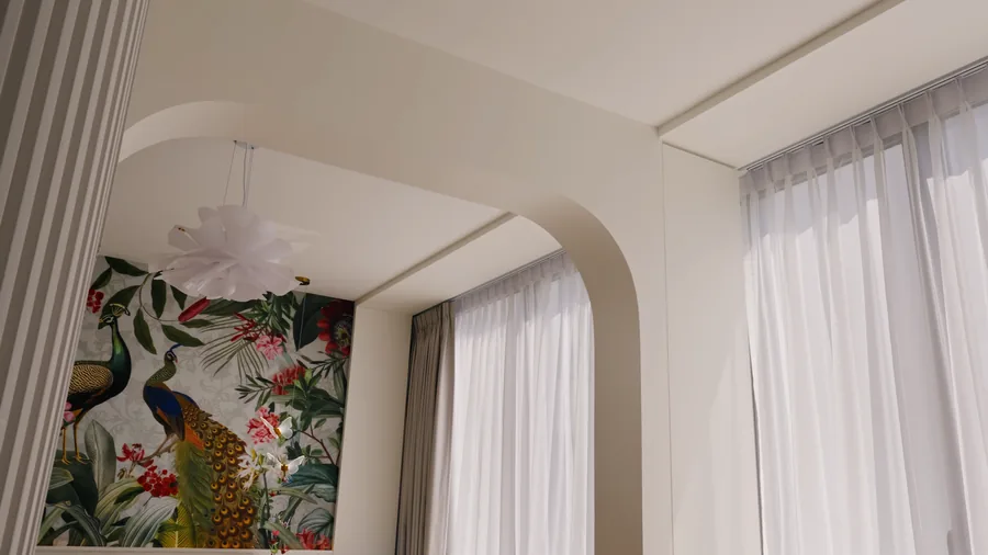 Hallway arch with a patterned wallcovering