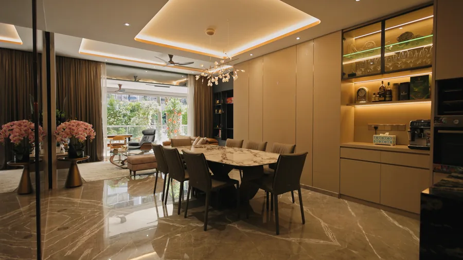 Dining and kitchen in a completed apartment