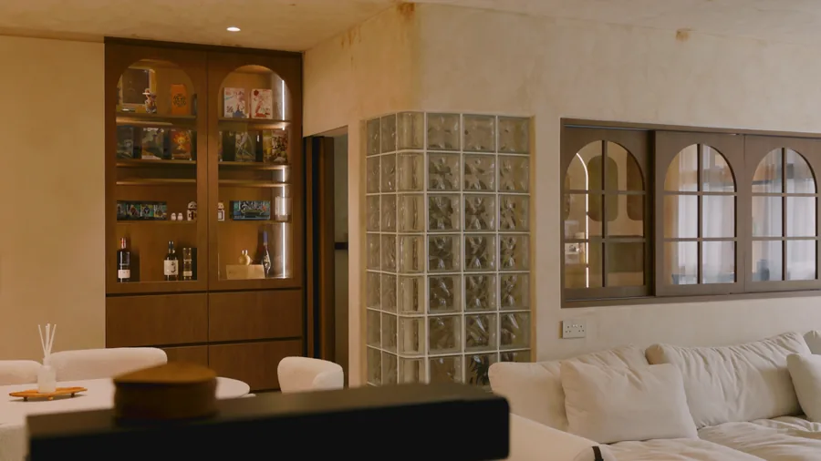 Display cabinetry and a glass-block partition